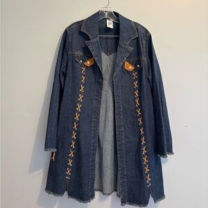 Ethyl Denim Duster Faux Leather Women’s Large Long Jean Jacket Lace Up Western